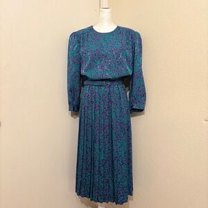 Maggy Boutique Vintage 80s Teal Purple Floral Pleated Belted Midi Dress Sz 12
